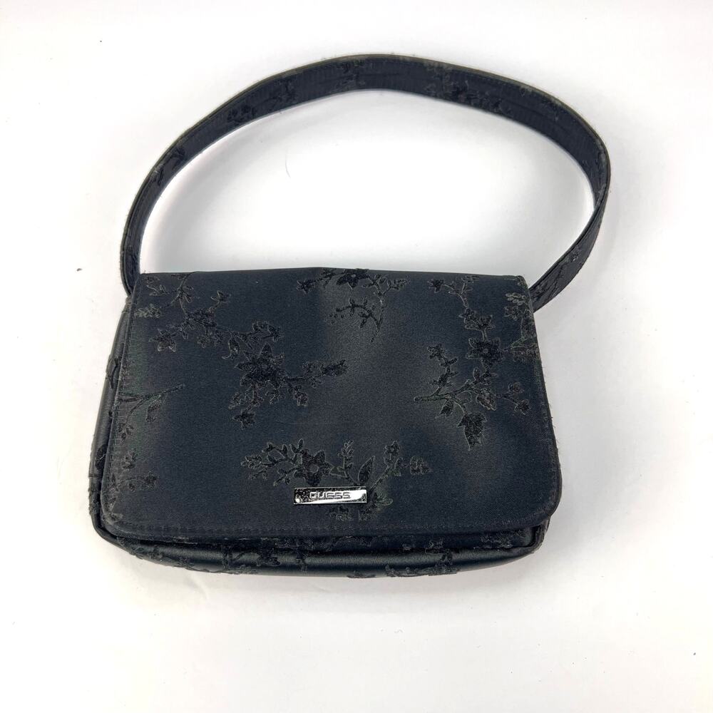 VTG 90's Guess Purse Black Floral Handbag Y2K Asian Single Wide Strap